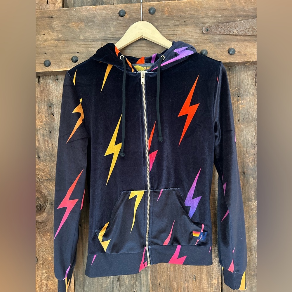 AVIATOR NATION Navy Velour Multi Lightning Bolt Hoodie Full Zip Crop Size Small